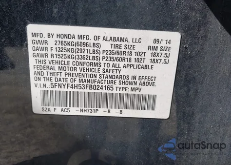 2015 Honda Pilot Ex-L из США, поврежденный, VIN 5FNYF4H53FB024165